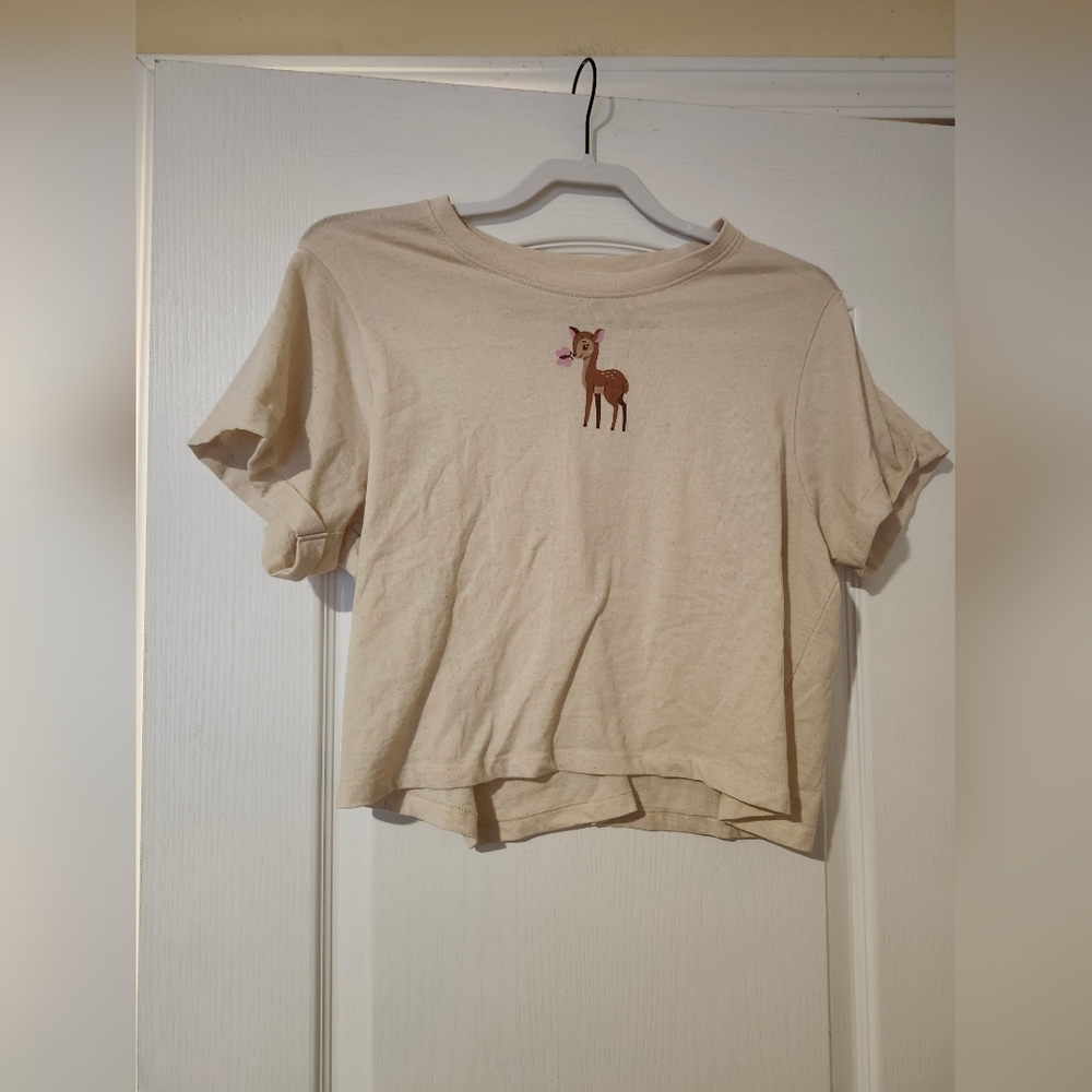 Cream T-Shirt with Deer‎ Recycled Threads L Womens Juniors